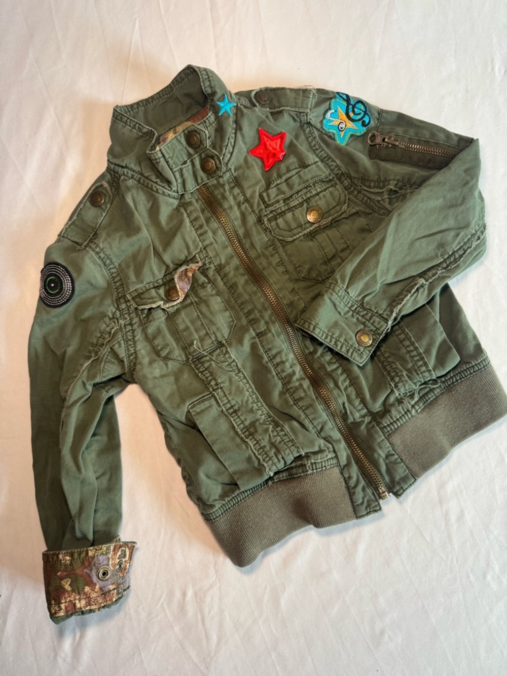 Place Olive Green Kids Jean Jacket with Star & Badge Patches